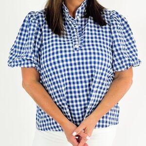 Lunch in The Park Gingham Boutique Puff Sleeve Half Button Blouse Women 2X